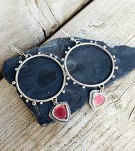 Load image into Gallery viewer, Pink tourmaline slice drama queen dotted hoop earrings