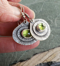 Load image into Gallery viewer, Faceted peridot stamped and layered teardrop earrings
