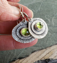 Load image into Gallery viewer, Faceted peridot stamped and layered teardrop earrings