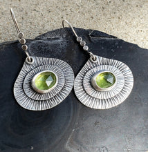 Load image into Gallery viewer, Faceted peridot stamped and layered teardrop earrings