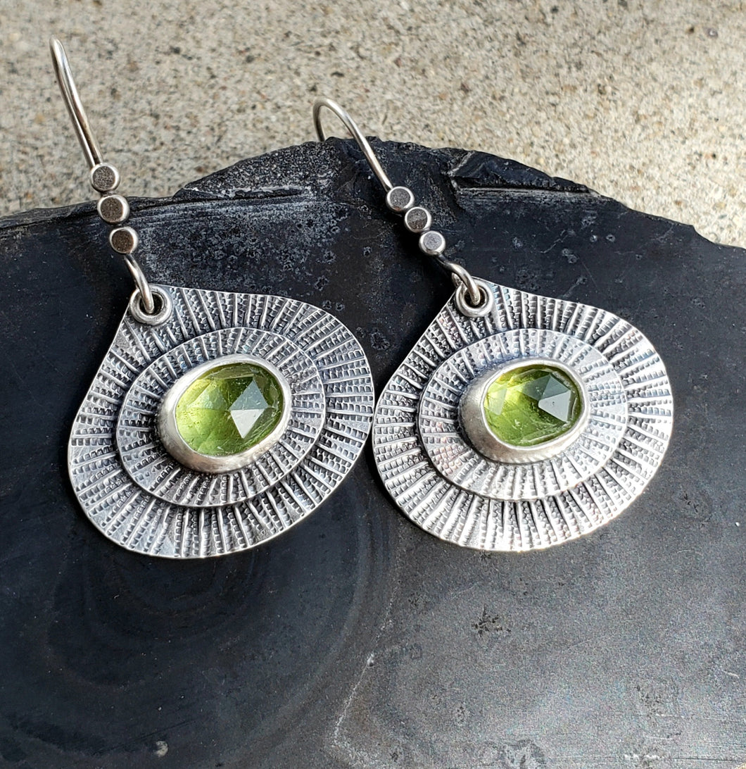 Faceted peridot stamped and layered teardrop earrings