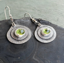 Load image into Gallery viewer, Faceted peridot stamped and layered teardrop earrings
