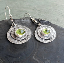 Load image into Gallery viewer, Faceted peridot stamped and layered teardrop earrings
