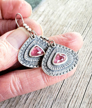 Load image into Gallery viewer, Hand stamped and layered pink tourmaline teardrop earrings