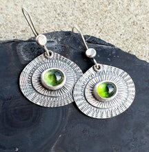 Load image into Gallery viewer, Green tourmaline hand stamped and layered teardrop earrings in sterling silver