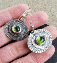 Load image into Gallery viewer, Green tourmaline hand stamped and layered teardrop earrings in sterling silver