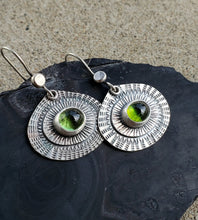 Load image into Gallery viewer, Green tourmaline hand stamped and layered teardrop earrings in sterling silver