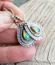 Load image into Gallery viewer, Welo opal, hand stamped layered sterling and 22k gold teardrop earring