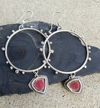 Load image into Gallery viewer, Pink tourmaline slice drama queen dotted hoop earrings