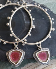 Load image into Gallery viewer, Pink tourmaline slice drama queen dotted hoop earrings