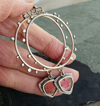 Load image into Gallery viewer, Pink tourmaline slice drama queen dotted hoop earrings