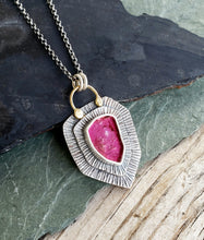 Load image into Gallery viewer, Hot pink tourmaline slice layered, hand stamped pendant necklace