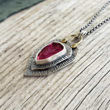 Load image into Gallery viewer, Hot pink tourmaline slice layered, hand stamped pendant necklace