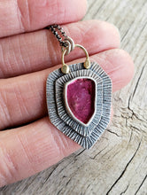 Load image into Gallery viewer, Hot pink tourmaline slice layered, hand stamped pendant necklace