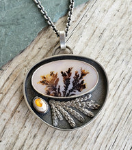 Load image into Gallery viewer, Large scenic dendritic agate and Mexican opal shadowbox pendant