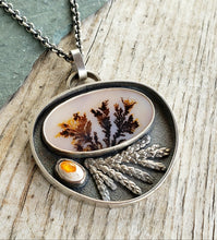 Load image into Gallery viewer, Large scenic dendritic agate and Mexican opal shadowbox pendant