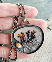 Load image into Gallery viewer, Large scenic dendritic agate and Mexican opal shadowbox pendant
