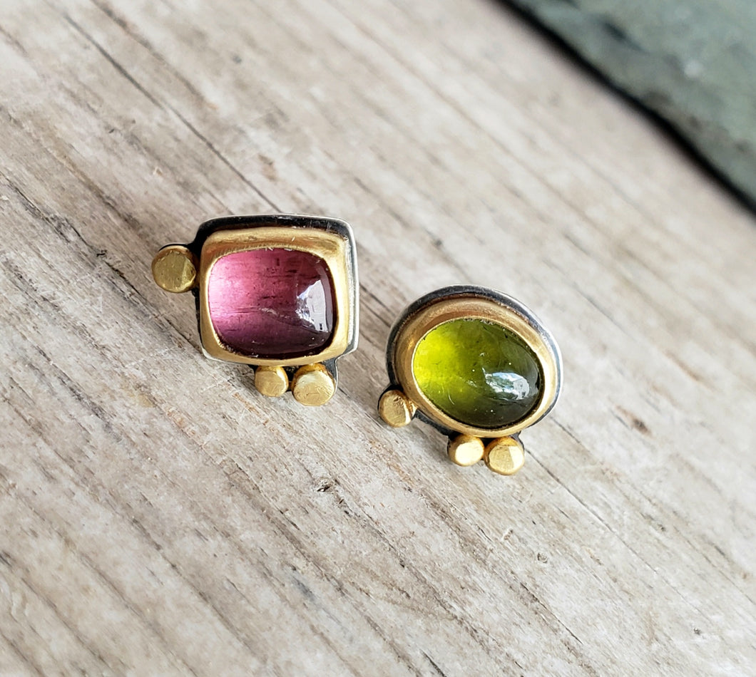 Tourmaline geometric mismatched studs in 22k gold and silver