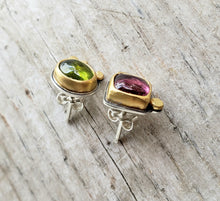 Load image into Gallery viewer, Tourmaline geometric mismatched studs in 22k gold and silver
