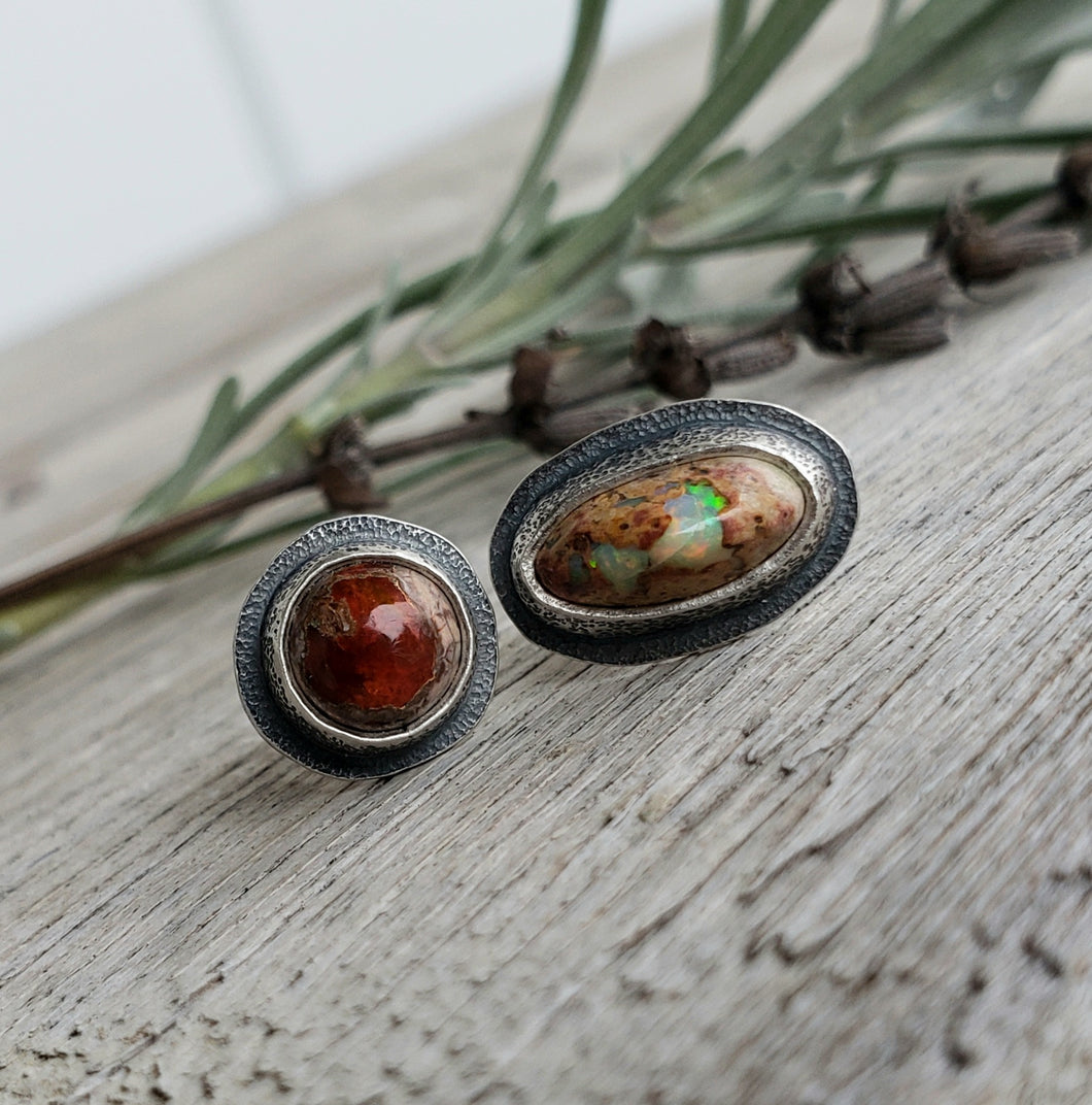 Mexican opal rustic mismatched stud earrings