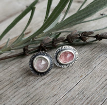Load image into Gallery viewer, Tourmaline rose cut stud earrings in mismatched pinks
