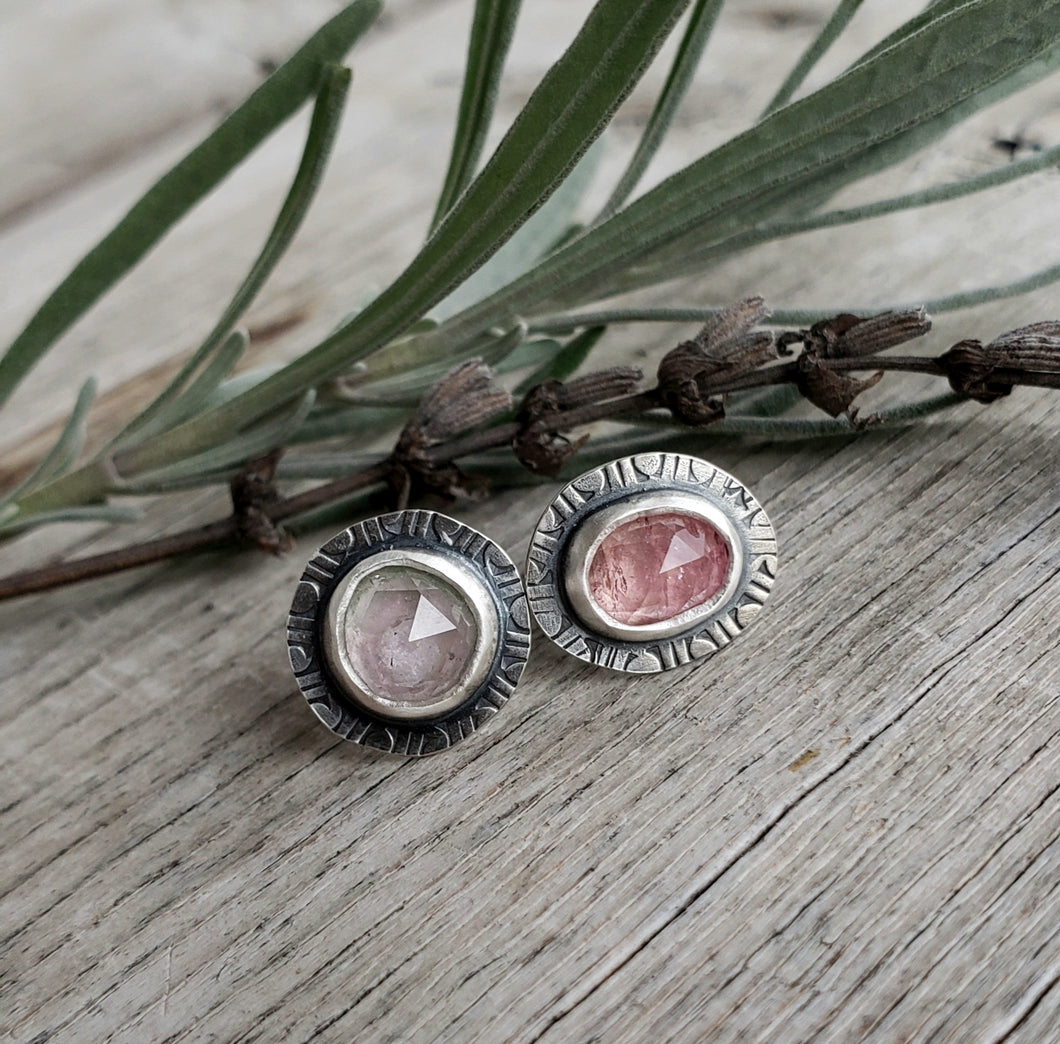 Tourmaline rose cut stud earrings in mismatched pinks