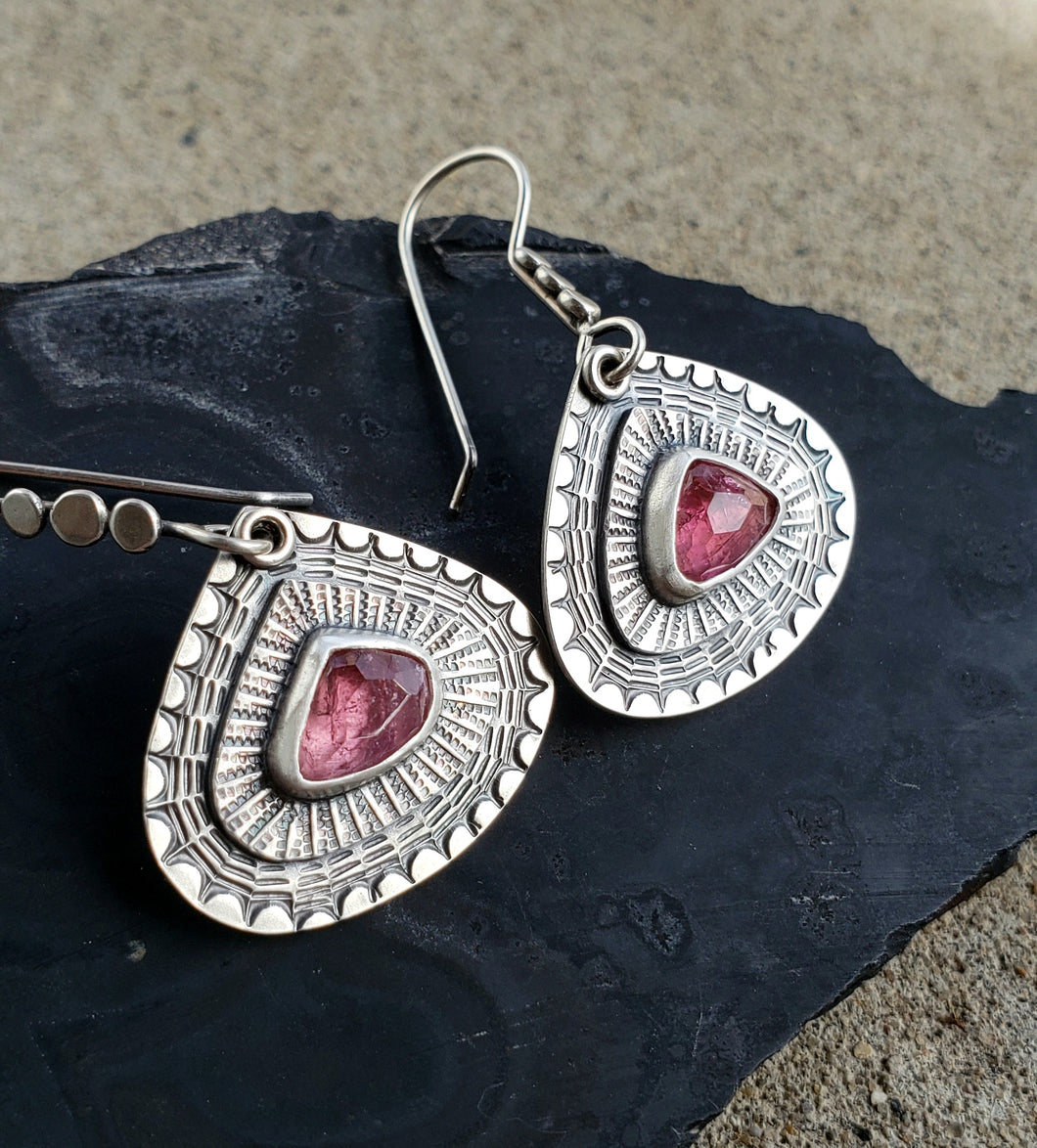 Hand stamped and layered pink tourmaline teardrop earrings