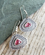 Load image into Gallery viewer, Hand stamped and layered pink tourmaline teardrop earrings
