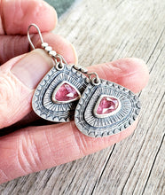Load image into Gallery viewer, Hand stamped and layered pink tourmaline teardrop earrings
