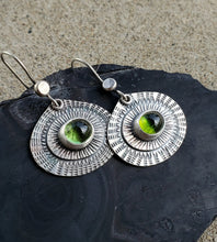 Load image into Gallery viewer, Green tourmaline hand stamped and layered teardrop earrings in sterling silver
