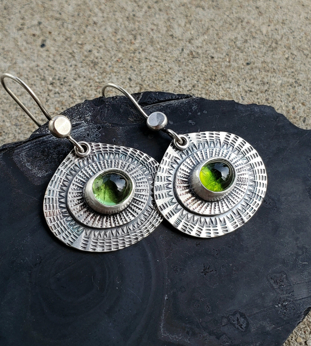 Green tourmaline hand stamped and layered teardrop earrings in sterling silver