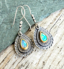 Load image into Gallery viewer, Welo opal, hand stamped layered sterling and 22k gold teardrop earring
