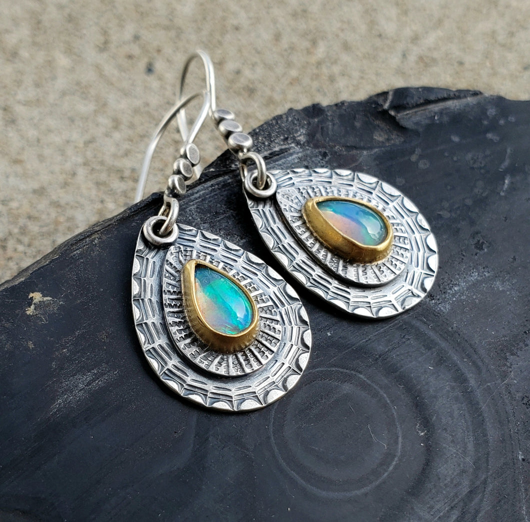 Welo opal, hand stamped layered sterling and 22k gold teardrop earring