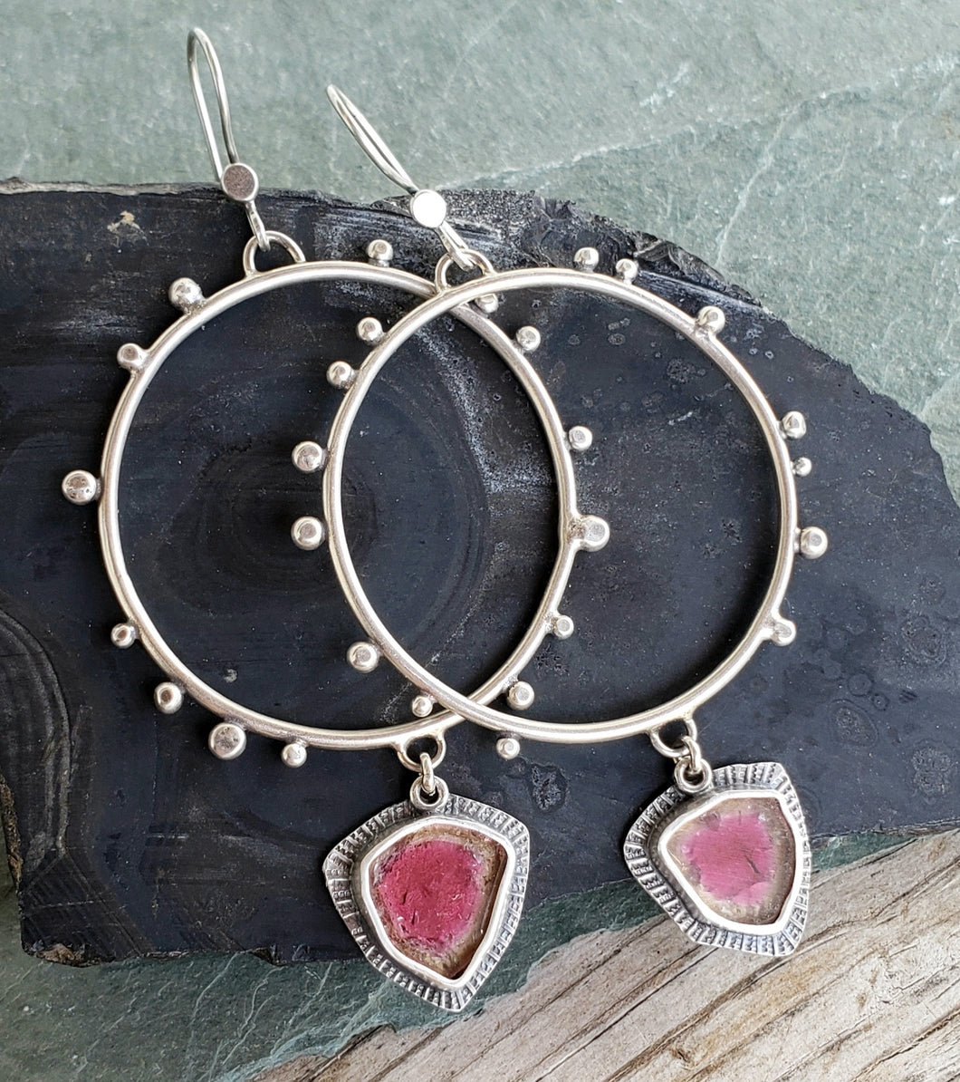 Pink tourmaline slice drama queen dotted hoop earrings