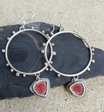 Load image into Gallery viewer, Pink tourmaline slice drama queen dotted hoop earrings
