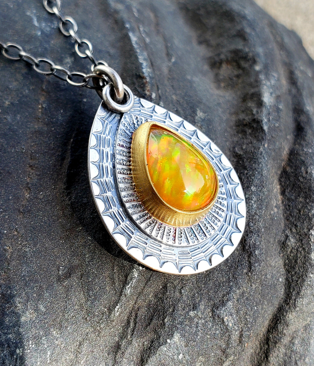 Bright disco fire welo opal silver and 22k gold pendant necklace