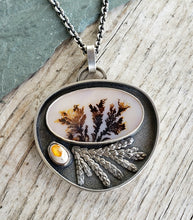 Load image into Gallery viewer, Large scenic dendritic agate and Mexican opal shadowbox pendant
