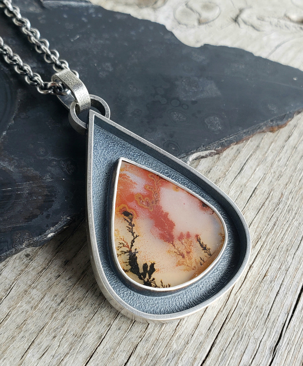Natural dendritic agate shadowbox pendant in chunky sterling silver